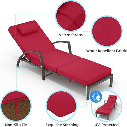 Outdoor Chaise Lounge Set of 2 Rattan Patio Folding Chaise Lounge Adjustable 5 Position Back Patio Pool Lounge Chair with Cushion Pillow for Poolside Backyard Deck Porch Red