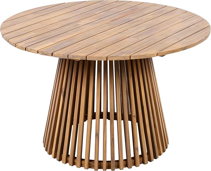 GDFStudio 47.25" Outdoor Round Dining Table,Weather-Resistant Acacia Wood Patio Center Table for Backyard, Lawn, Garden, Balcony, Courtyard, Easy Assembly Rustic Slatted Base Tables, 29.75 Light Teak