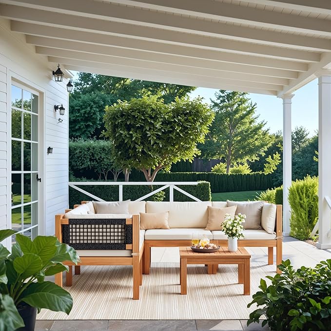 Devoko Outdoor Sectional Couch 6 Pieces Patio Sectional Sofa with Acacia Wood Coffee Table, Outdoor L-Shaped Couch with All-Weather Cushion for Patio,Deck,Backyard(White)