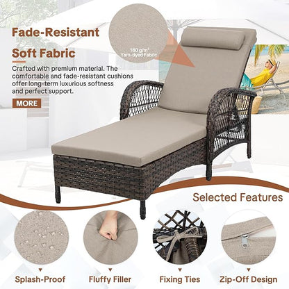HOMEDIARY Outdoor Wicker Lounge Chair Set, 6-Position Adjustable Patio Chaise Lounge w/Side Table, All Weather Lay Flat Pool Sunbathing Recliner, Armrest & Head Pillow, Fade-Resistant, Beige