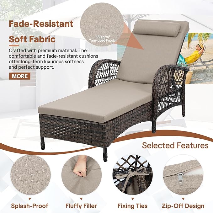 HOMEDIARY Outdoor Wicker Lounge Chair with Cushion, 6-Position Adjustable Patio Chaise Lounge - Photo 5