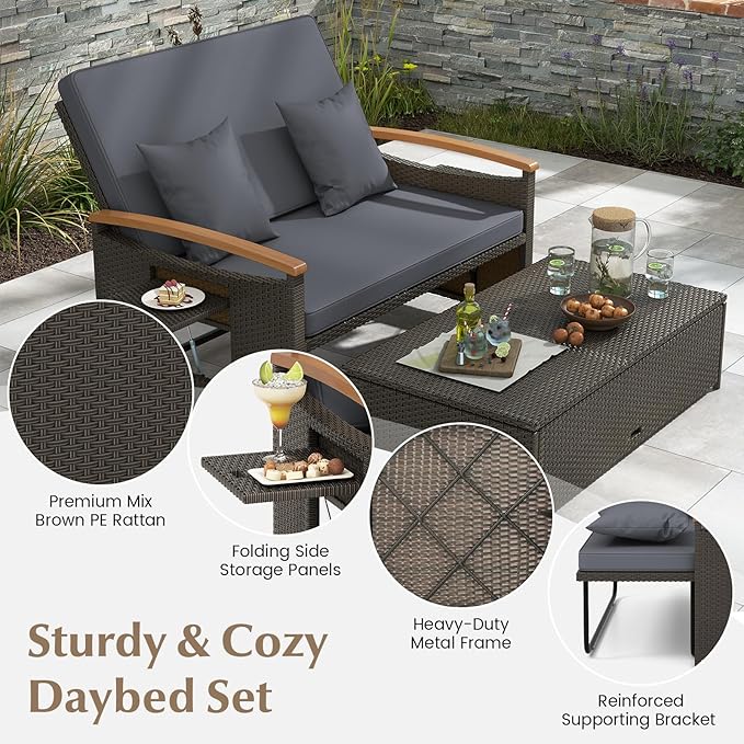 LDAILY Moccha Outdoor Wicker Daybed, Patio Rattan Loveseat Sofa w/ 4-Level Adjustable Backrest, Folding Panels, Storage Ottoman & Cushions, Lounge Furniture Set for Poolside Backyard Porch (Grey)