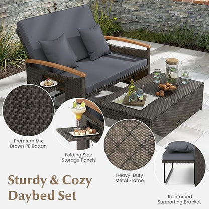 LDAILY Moccha Outdoor Wicker Daybed, Patio Rattan Loveseat Sofa w/ 4-Level Adjustable Backrest, Folding Panels, Storage Ottoman & Cushions, Lounge Furniture Set for Poolside Backyard Porch (Grey)