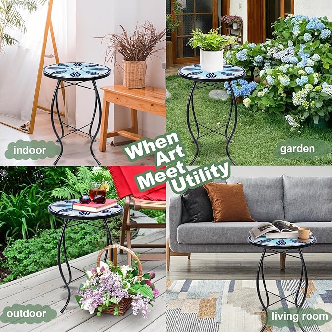 VCUTEKA Patio Side Table Outdoor Accent Table Bistro Coffee Table Plant End Table Small Porch Tables Indoor Round Glass Balcony Blue Flowers 14 inches