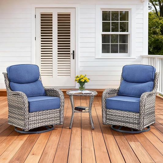 Luxury Outdoor Swivel Rocker Patio Chairs Set of 3, High Back Swivel Patio Chairs with Side Table & 6-Inch Thick Cushions, Wicker Outdoor Bistro Set for Porch, Yard, Deck, Poolside, Grey/Blue