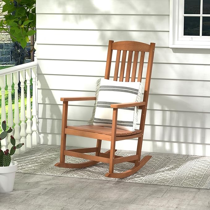 Giantex Outdoor Rocking Chair, High Back Patio Rocker w/Armrests, Hardwood Lounge Rocking Chair with Smooth Rocking Base & Slatted Design, Wood Porch Rocker for Backyard, Poolside (2, Natural)