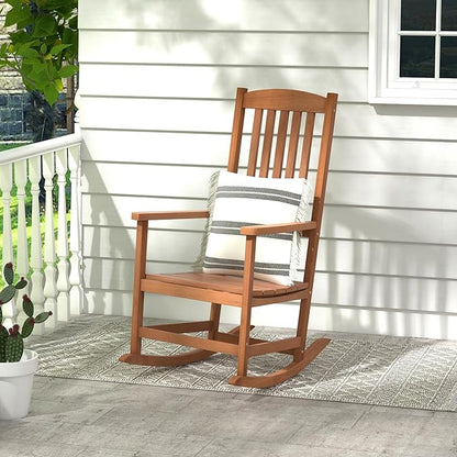 Giantex Outdoor Rocking Chair, High Back Patio Rocker w/Armrests, Hardwood Lounge Rocking Chair with Smooth Rocking Base & Slatted Design, Wood Porch Rocker for Backyard, Poolside (1, Natural)