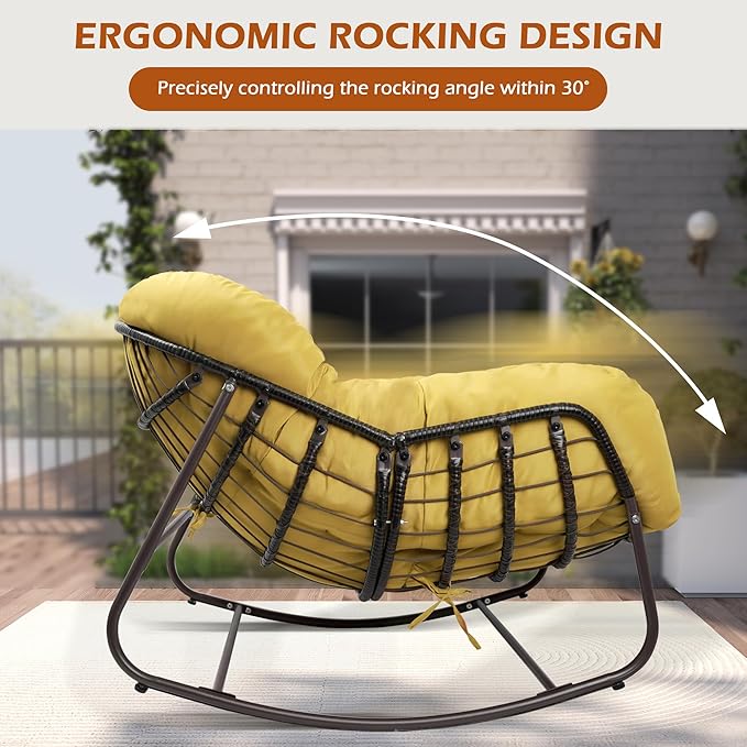 Papasan Rocking Chair Indoor & Outdoor, Oversized Egg-Shaped Papasan Rocker with Cushion & Pillow, All-Weather Wicker Patio Lounge Chair for Garden, Porch, Living Room (Yellow)