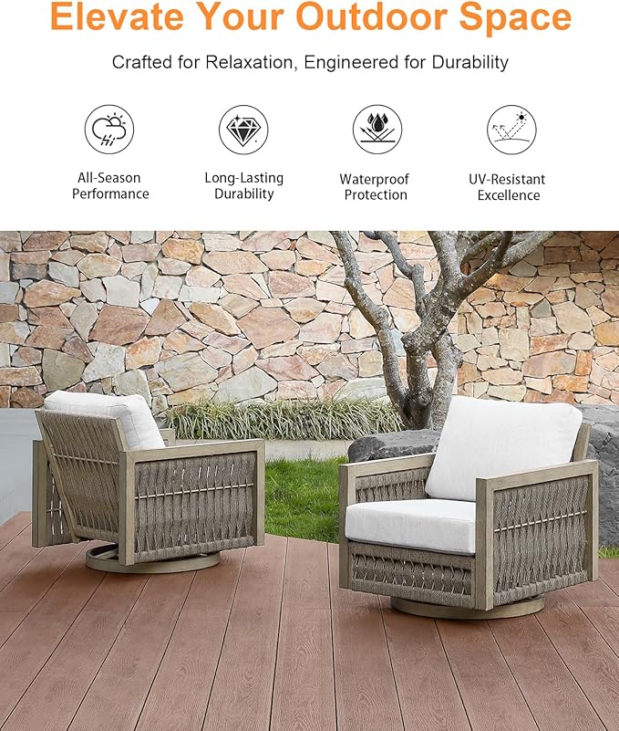 Swivel Patio Chair, Never Rust Aluminum Outdoor Swivel Sofa Chair with Washable Cushions, Rope Weave Patio Sofa Armchair - Photo 6