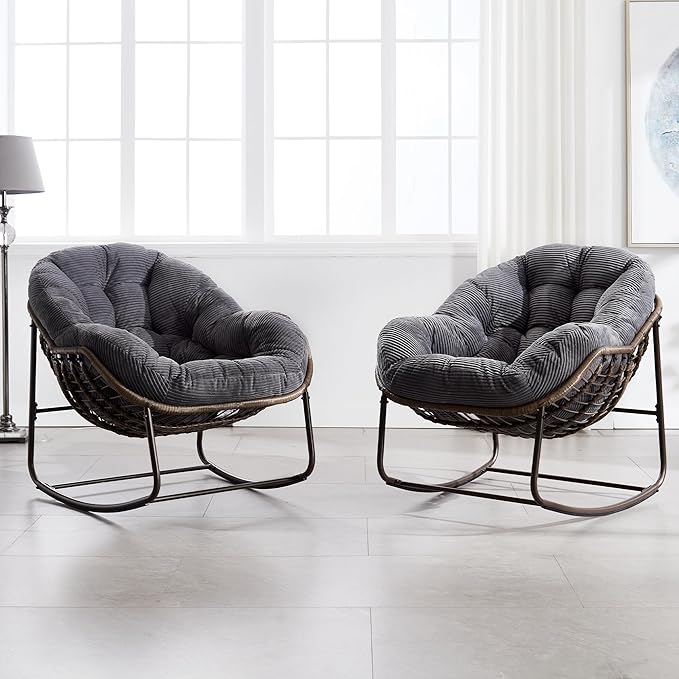 HOMEFUN Outdoor Patio Rocking Chairs Set of 2, Oversized Papasan Rock Chair Indoor with Striped Velvet Padded Cushion - Rocker Egg Seat for Front Porch, Garden, Patio, Backyard Grey