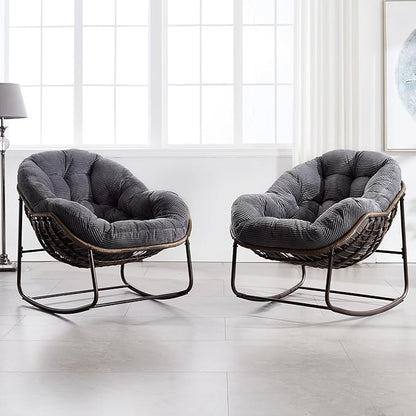 HOMEFUN Outdoor Patio Rocking Chairs Set of 2, Oversized Papasan Rock Chair Indoor with Striped Velvet Padded Cushion - Rocker Egg Seat for Front Porch, Garden, Patio, Backyard Grey