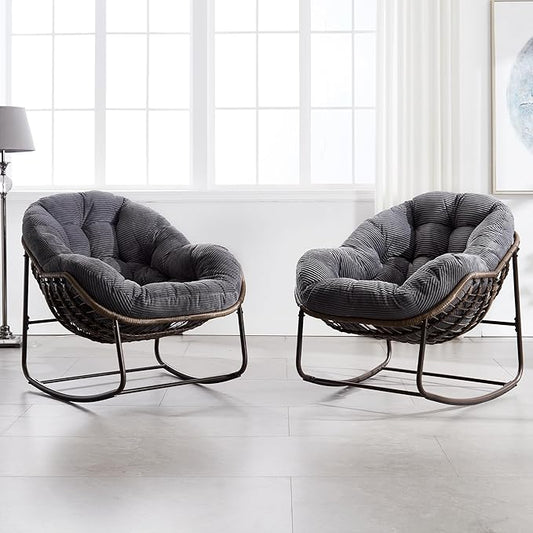 HOMEFUN Outdoor Patio Rocking Chairs Set of 2, Oversized Papasan Rock Chair Indoor with Striped Velvet Padded Cushion - Rocker Egg Seat for Front Porch, Garden, Patio, Backyard Grey