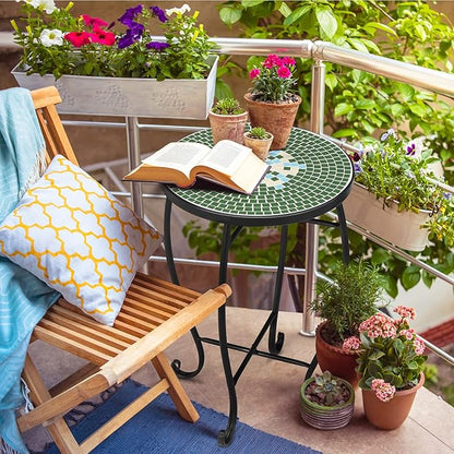 VINGLI Mosaic Print Accent Table, 14" Round Side Table,End Table, Plant Stand Decor for Patio Porch Balcony Back Deck Pool Indoor Outdoor Coffee, Metal Cobalt Glass Top Black Iron(Green Garden)
