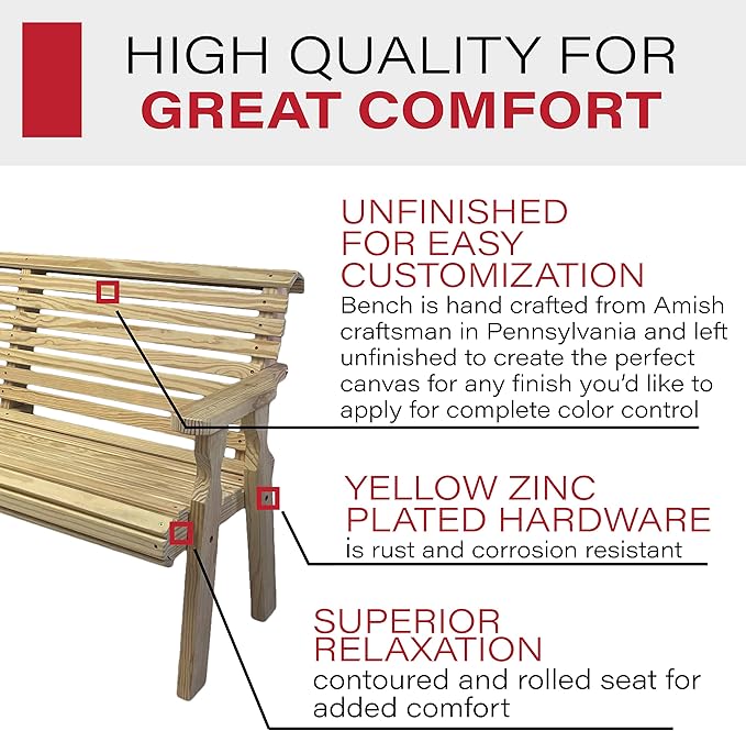 Amish Casual Heavy Duty Unfinished 4 Foot Roll Back Outdoor Bench - Amish Made in The USA from Treated Pine for Outdoor Durability, 700 Lb Weight Capacity