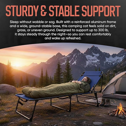 Outdoor Lounge Chair | Extra Large Portable cot incl Leg Raising adjustability | Easy Setup & Takedown | Supports Adults up to 300 lb | Ideal for Camping Patio, Balcony, Beach & More