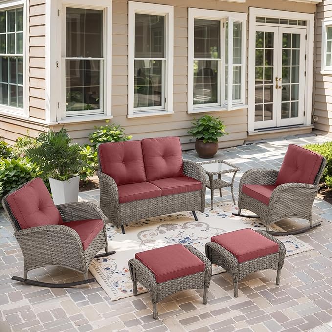 Belord 5 Piece Outdoor Conversation Patio Furniture Set - All-Weather Wicker Patio Rocking Chairs with Loveseat Glider - Photo 8