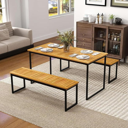 HAPPYGRILL Acacia Wood Patio Dining Bench Set of 2, Outdoor Bench with U-Shaped Metal Legs, Adjustable Foot Pads, 800 LBS Farmhouse Bistro Bench for Dining Room, Garden, Poolside
