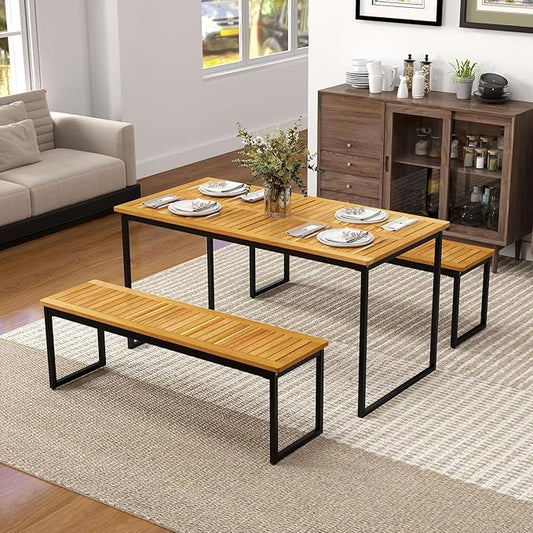 HAPPYGRILL Acacia Wood Patio Dining Bench Set of 2, Outdoor Bench with U-Shaped Metal Legs, Adjustable Foot Pads, 800 LBS Farmhouse Bistro Bench for Dining Room, Garden, Poolside