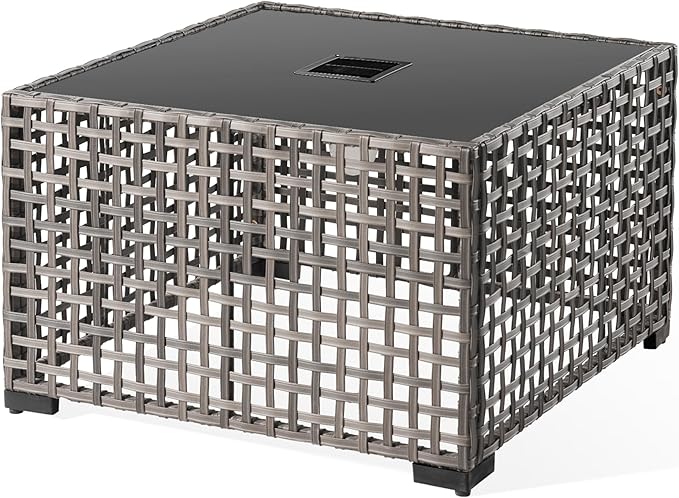 ovios Outdoor Side Table with Tempered Glass Top, Patio Wicker Solar Table, Rattan Bistro End Table for Porch Deck Balcony Garden Poolside, Grey