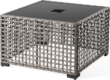ovios Outdoor Side Table with Tempered Glass Top, Patio Wicker Solar Table, Rattan Bistro End Table for Porch Deck Balcony Garden Poolside, Grey