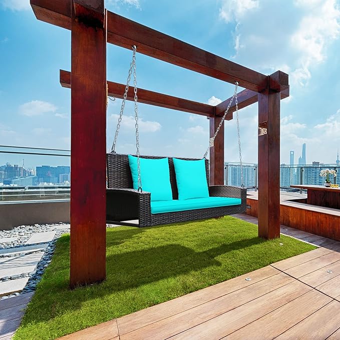 Tangkula 2-Person Wicker Hanging Porch Swing, Patiojoy Outdoor Rattan Swing Bench W/ 2 Back Cushions & 1 Seat Cushion - Photo 4