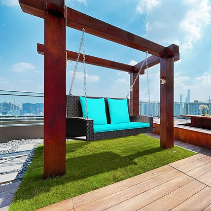 Tangkula 2-Person Wicker Hanging Porch Swing, Patiojoy Outdoor Rattan Swing Bench W/ 2 Back Cushions & 1 Seat Cushion, Sturdy Steel Chain, 800lbs Weight Capacity, Suitable for Deck, Backyard, Garden