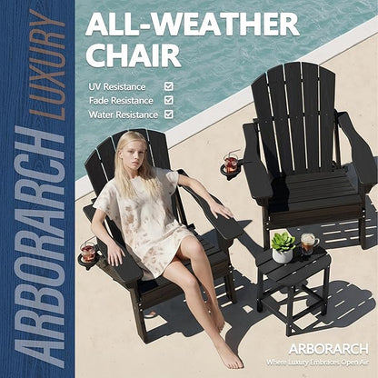 Folding Adirondack Chairs and Table 3-Piece Set, HDPE All Weather Resistant Plastic Outdoor Patio Chairs, Heavy Duty Fire Pit Seating for Backyard Lawn Garden, Wooden Textured Design(Black)