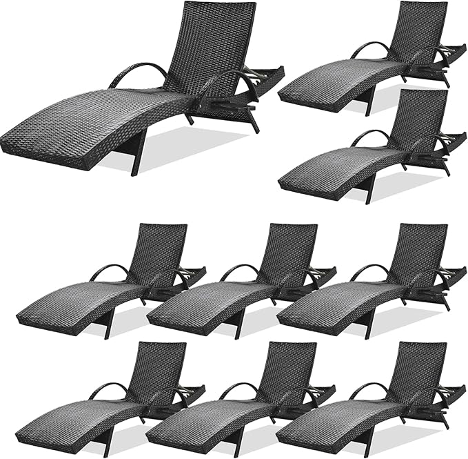 80'' Outdoor Wicker Chaise Lounge Chairs Set of 8, Patio Rattan Reclining Chair with Pull-Out Side Table - Photo 1