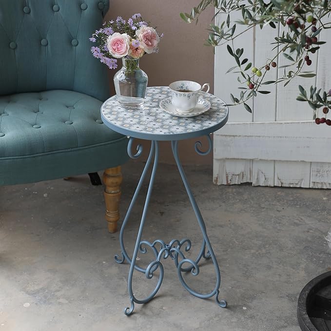 Outdoor Side Table & Mosaic Plant Stand, 14" Ceramic Tile Top Round End Table Accent Table, Indoor Outdoor Coffee Tea Table for Yard Porch Garden Patio