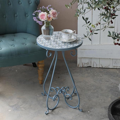 Outdoor Side Table & Mosaic Plant Stand, 14" Ceramic Tile Top Round End Table Accent Table, Indoor Outdoor Coffee Tea Table for Yard Porch Garden Patio