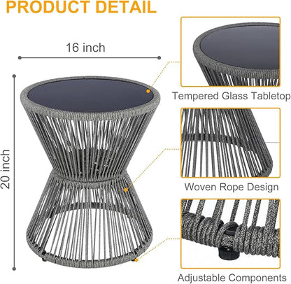 SUNNYPARK Outdoor Side Table 20'' H Small End Tables Woven Rope Weather Resistant with Glass Top Round Coffee Table for Indoor Balcony Patio Poolside (Gray)