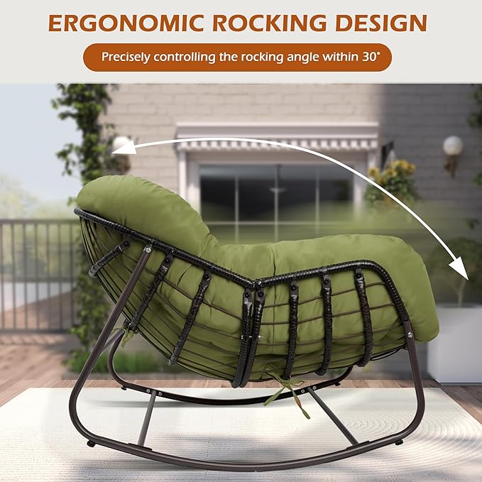 Papasan Rocking Chair Indoor & Outdoor, Oversized Egg-Shaped Papasan Rocker with Cushion & Pillow, All-Weather Wicker Patio Lounge Chair for Garden, Porch, Living Room (Green)