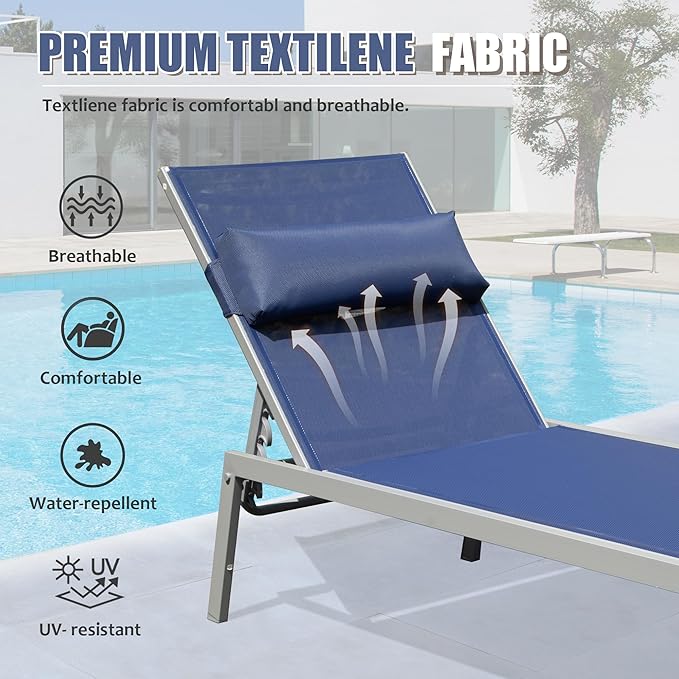 Domi Patio Chaise Lounge Set of 3, Aluminum Pool Lounge Chairs with Side Table - Photo 3