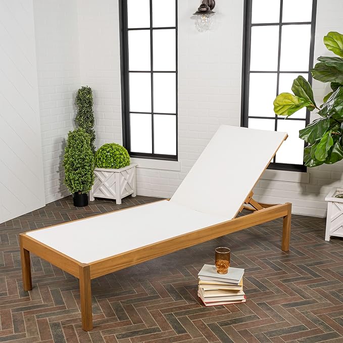 JONATHAN Y LNG1001A Lagunan 77.56"x26.38" Modern Minimalist Adjustable Acacia Wood Chaise Outdoor Lounge Chair Coastal, Transitional, Classic, Mid-Century, Contemporary, White/Natura