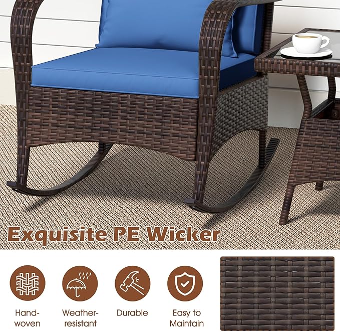 ORALNER 3 Pieces Patio Furniture Set, Outdoor Wicker Rocking Chairs with Cushions, Pillows, Glass Coffee Table - Photo 4