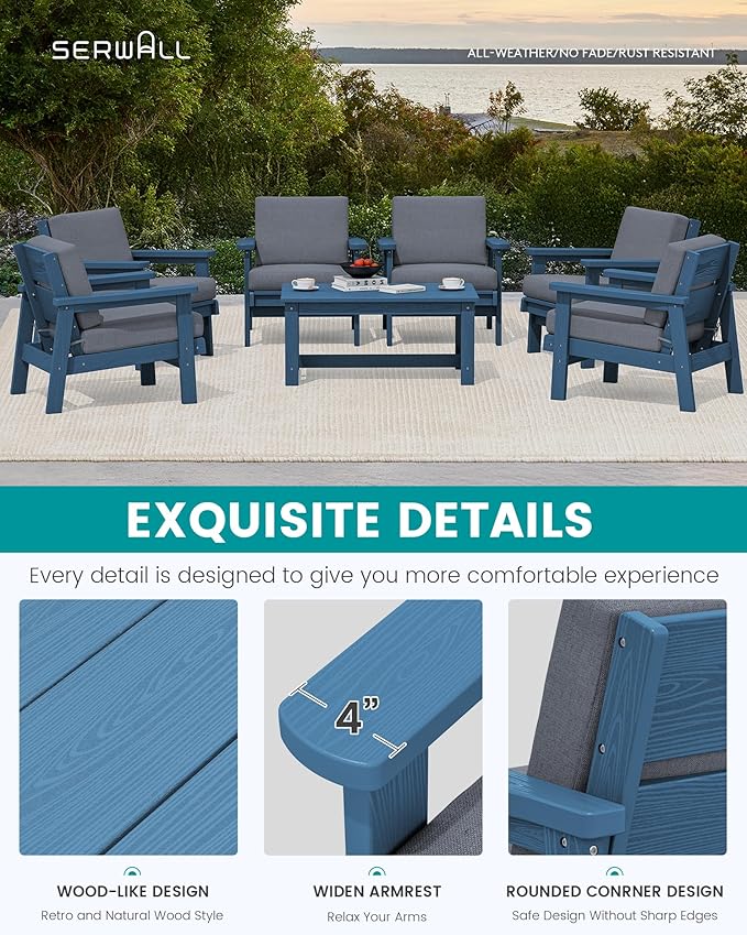 SERWALL HDPE Outdoor Furniture Set, 7 Piece All Weather Wood-Like Outdoor Sofa Sectional Couch - Photo 4
