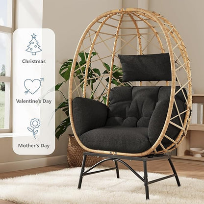 SWITTE Wicker Egg Chair Outdoor, Oversized Patio Lounge Chairs with Cushion for Indoor Living Room, Bedroom, Outside Backyard Balcony-Black