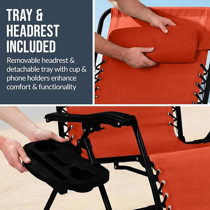 Best Choice Products Set of 2 Extra Wide Adjustable Steel Mesh Zero Gravity Lounge Chair Recliners w/Pillows and Cup Holder Trays - Burnt Orange