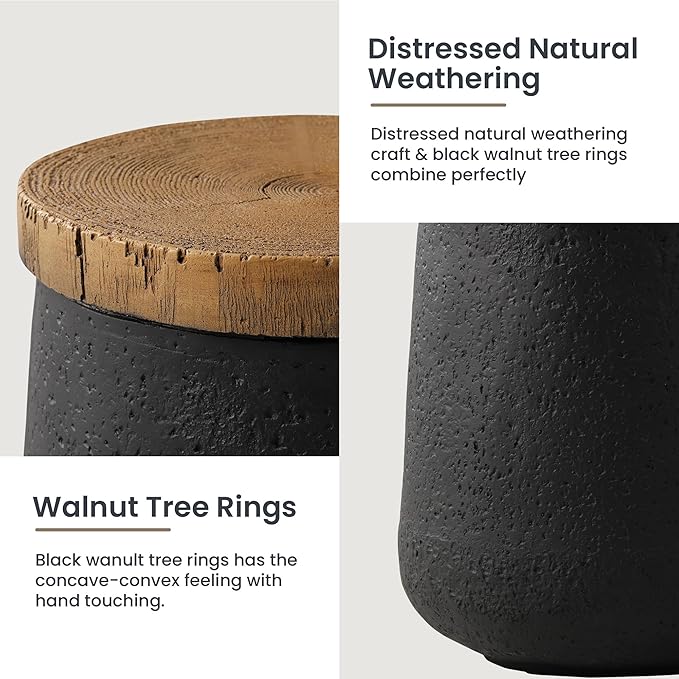 HOMPUS Outdoor Concrete Side Table, Modern Cylinder Pedestal End Table, Home Decor Small Accent Table w Wood Grain Top, Multi-Functional Round MgO Coffee Table, Round Planter Stand for Garden, Black