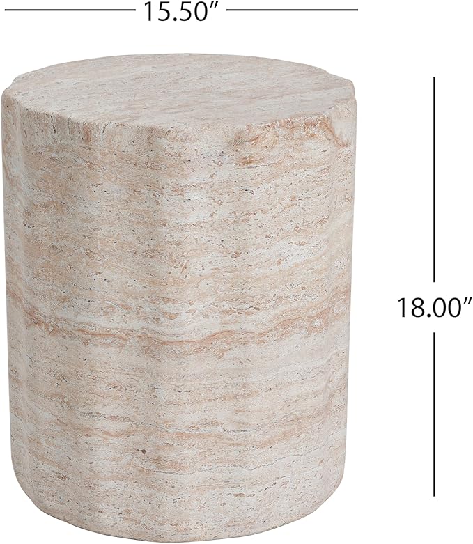 Merax Outdoor Lightweight Concrete Side Table 15.5" Dx18 H Cylinder Round Travertine Indoor Accent Table Weather Resistant End Table for Patio Backyard, Beige