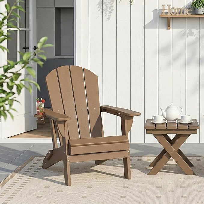 Kingdura Foldable Adirondack Chair, Portable HDPE All Weather Resistant Outdoor Patio Chair, Wooden Textured with Cup Holder, 380LBS Capacity for Poolside, Backyard, Deck, Fire Pit (Brown)