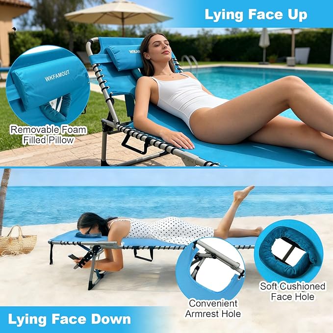 Backpack Sun Tanning Chair with Face Hole & Beach Table, 5-Position Adjustable Folding Lounge Chair Outdoor for Lawn Patio Garden