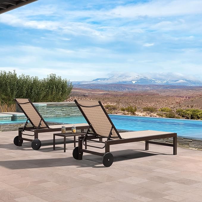 PURPLE LEAF Outdoor Chaise Lounge Chair Set of 3, Pool Lounge Chair for Outside, Patio Chaise Lounger with Adjustable Backrest and Wheels for Deck, Outside, Lawn, Garden, Light Tan