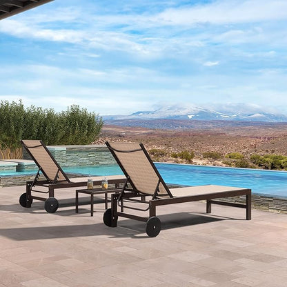 PURPLE LEAF Outdoor Chaise Lounge Chair Set of 3, Pool Lounge Chair for Outside, Patio Chaise Lounger with Adjustable Backrest and Wheels for Deck, Outside, Lawn, Garden, Light Tan
