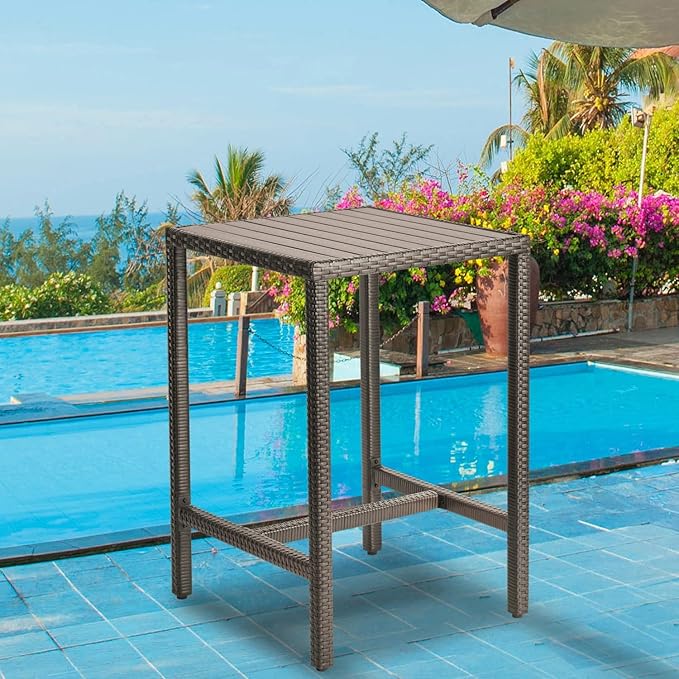 Outdoor Bar Table Patio Bar Height Bistro Table 39" Tall Outdoor High Top Square Pub Patio Table Wicker Rattan Metal Dinning Bar Table with Adjustable Feet for Balcony Outside Pool Deck Backyard Brown