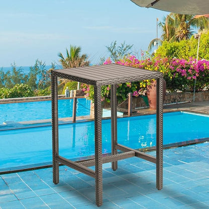 Outdoor Bar Table Patio Bar Height Bistro Table 39" Tall Outdoor High Top Square Pub Patio Table Wicker Rattan Metal Dinning Bar Table with Adjustable Feet for Balcony Outside Pool Deck Backyard Brown