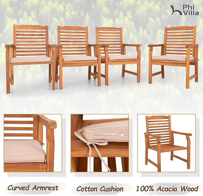 PHI VILLA 6 Pieces Acacia Wood Outdoor Dining Chairs with Cushions, Patio Wooden Armchairs Set of 6, Natural Teak Dining Chairs for Deck, Yard, Porch