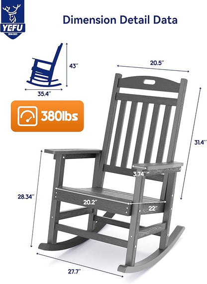 YEFU Outdoor Rocking Chair, Patio Rocking Chair with High Back, Poly Rocking Chair Look Like Real Wood, Widely Used for Lawn, Porch, Backyard, Indoor and Garden,380lb Heavy Duty(Grey)