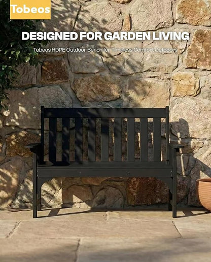 2-Person Outdoor Garden Bench, HDPE All-Weather Patio Bench with Backrest & Armrests, Heavy Duty Outdoor Seating for Porch, Backyard & Park, 660 lbs (Black, 1 Bench)