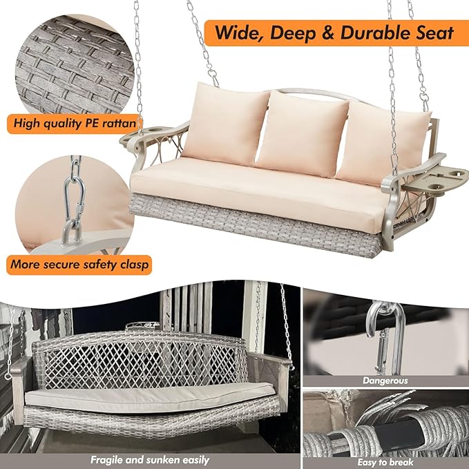 3-Person Wicker Porch Swing Chair Heavy Duty 900 LBS Outdoor Rattan Patio Swing Chair w/Cup-Holder & Steel Chains - Photo 2
